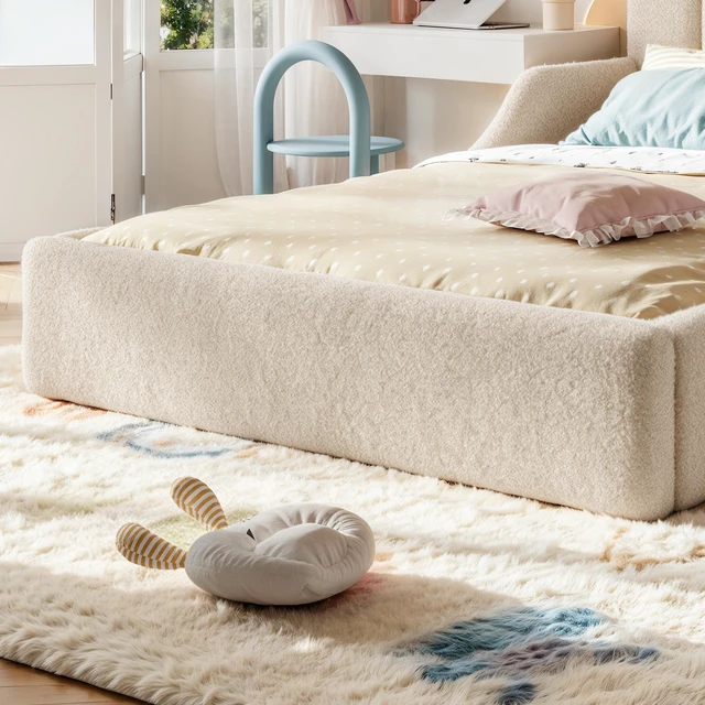 Alt view image 4 of 7 - Full Teddy Fabric Upholstered Floor Bed, Upholstered Kids Bed Low Profile Children Frame Soft Floor for Kids and Teens