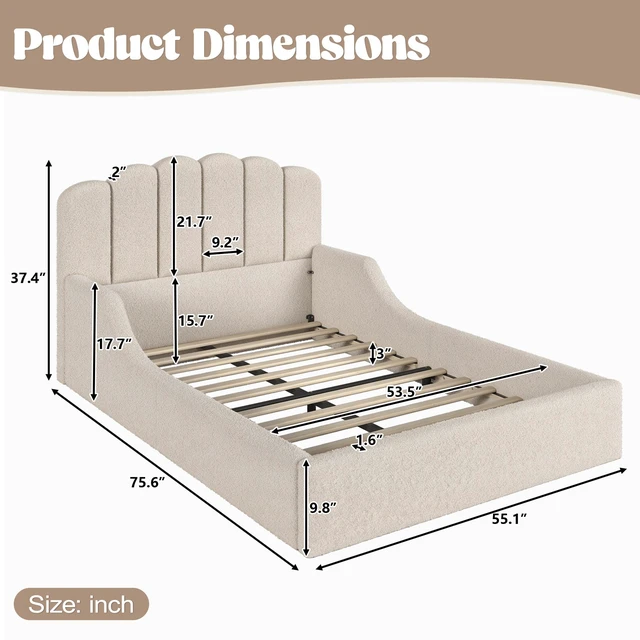 Alt view image 6 of 7 - Full Teddy Fabric Upholstered Floor Bed, Upholstered Kids Bed Low Profile Children Frame Soft Floor for Kids and Teens