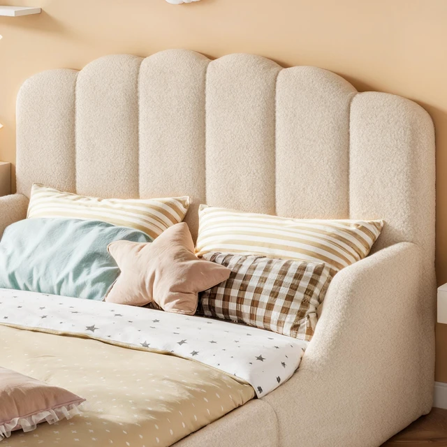 Alt view image 5 of 7 - Full Teddy Fabric Upholstered Floor Bed, Upholstered Kids Bed Low Profile Children Frame Soft Floor for Kids and Teens