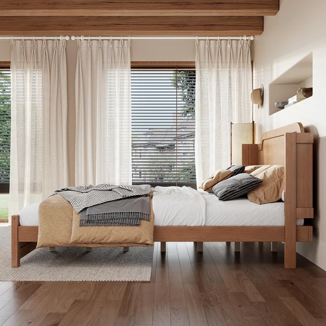 Alt view image 3 of 7 - King Solid Platform Bed with Headboard Natural Finish and Design, Easy Assembly Box Spring Needed Bed Frame, MDF, Pine