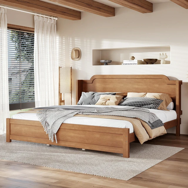 Alt view image 2 of 7 - King Solid Platform Bed with Headboard Natural Finish and Design, Easy Assembly Box Spring Needed Bed Frame, MDF, Pine