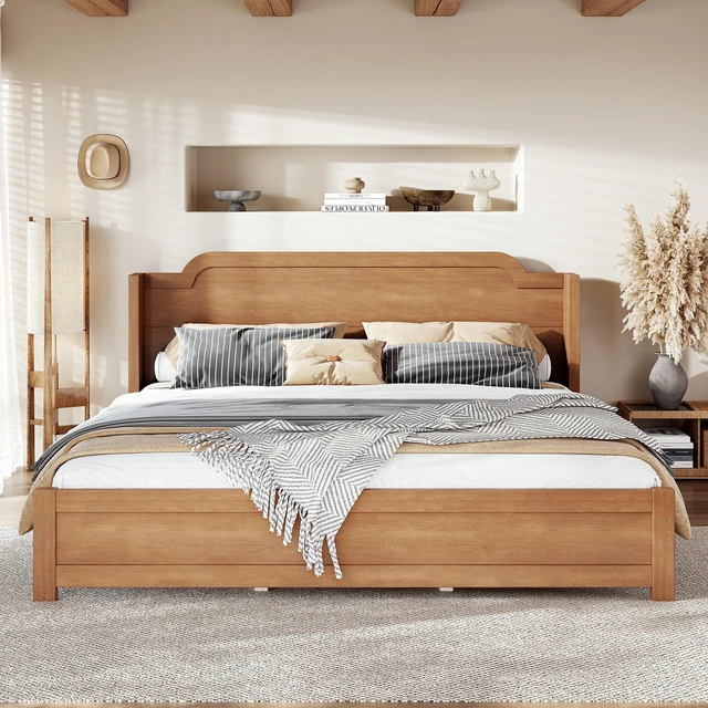 Main image of King Solid Platform Bed with Headboard Natural Finish and Design, Easy Assembly Box Spring Needed Bed Frame, MDF, Pine