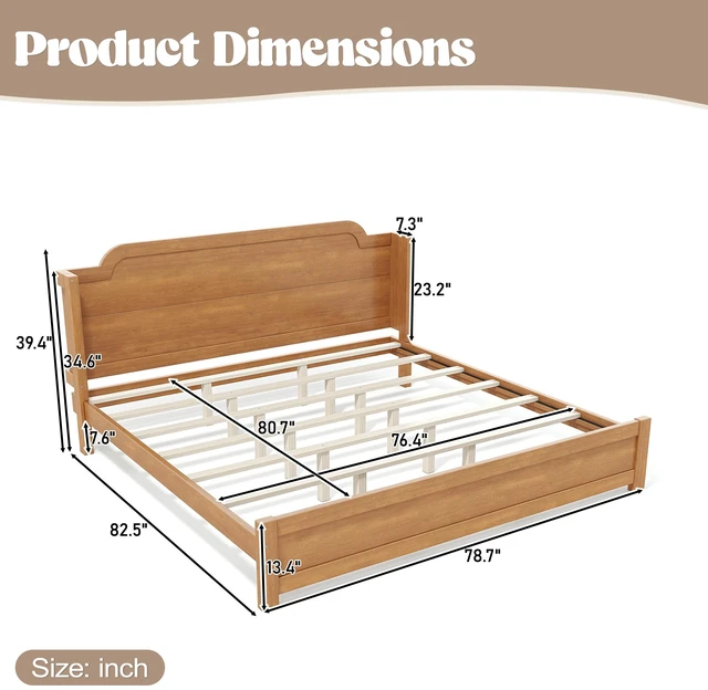 Alt view image 4 of 7 - King Solid Platform Bed with Headboard Natural Finish and Design, Easy Assembly Box Spring Needed Bed Frame, MDF, Pine