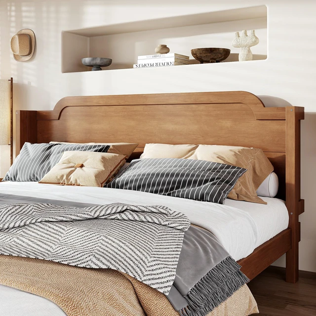 Alt view image 6 of 7 - King Solid Platform Bed with Headboard Natural Finish and Design, Easy Assembly Box Spring Needed Bed Frame, MDF, Pine