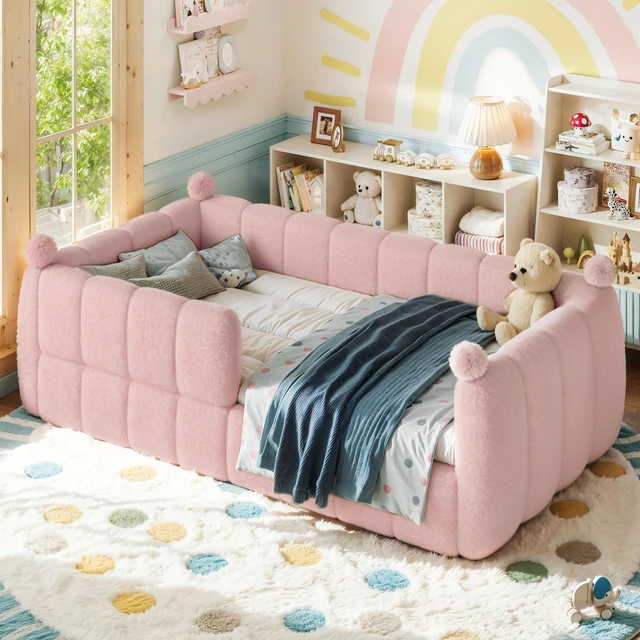 Alt view image 2 of 7 - Twin Size Kids Soft Upholstered Floor Bed, Montessori Floor Bed with Full Surround Safety Rails Low Ground Child Frame