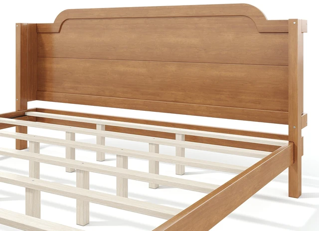 Alt view image 7 of 7 - King Solid Platform Bed with Headboard Natural Finish and Design, Easy Assembly Box Spring Needed Bed Frame, MDF, Pine