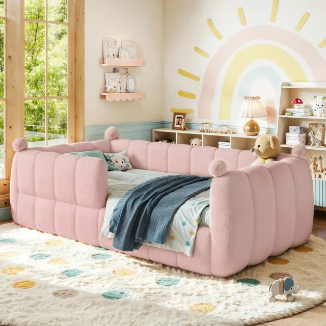 Main image of Twin Size Kids Soft Upholstered Floor Bed, Montessori Floor Bed with Full Surround Safety Rails Low Ground Child Frame