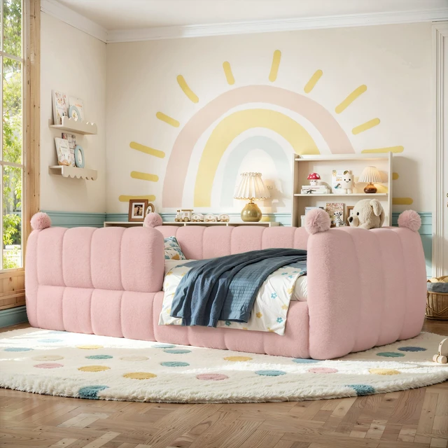 Alt view image 3 of 7 - Twin Size Kids Soft Upholstered Floor Bed, Montessori Floor Bed with Full Surround Safety Rails Low Ground Child Frame