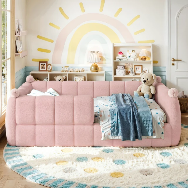 Alt view image 4 of 7 - Twin Size Kids Soft Upholstered Floor Bed, Montessori Floor Bed with Full Surround Safety Rails Low Ground Child Frame