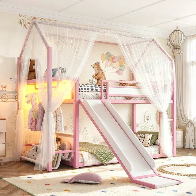 Alt view image 3 of 7 - Twin Over Twin Metal Bunk Bed with Slide, LED Clothing Hanging Area Fabric Storage Shelf and Power Outlet Childlike