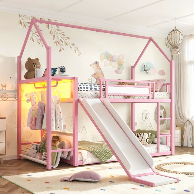 Alt view image 4 of 7 - Twin Over Twin Metal Bunk Bed with Slide, LED Clothing Hanging Area Fabric Storage Shelf and Power Outlet Childlike