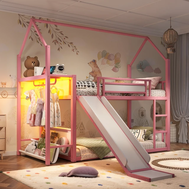Alt view image 2 of 7 - Twin Over Twin Metal Bunk Bed with Slide, LED Clothing Hanging Area Fabric Storage Shelf and Power Outlet Childlike