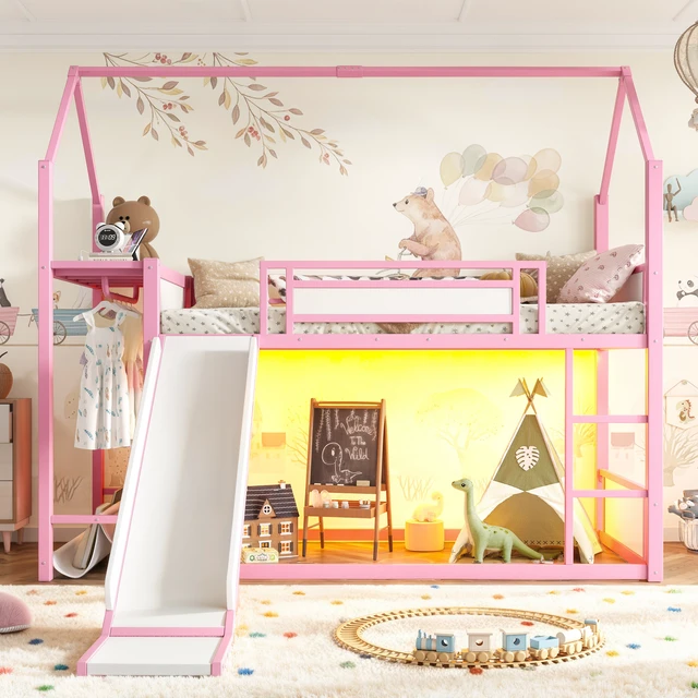 Alt view image 5 of 7 - Twin Over Twin Metal Bunk Bed with Slide, LED Clothing Hanging Area Fabric Storage Shelf and Power Outlet Childlike