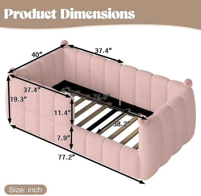 Alt view image 7 of 7 - Twin Size Kids Soft Upholstered Floor Bed, Montessori Floor Bed with Full Surround Safety Rails Low Ground Child Frame