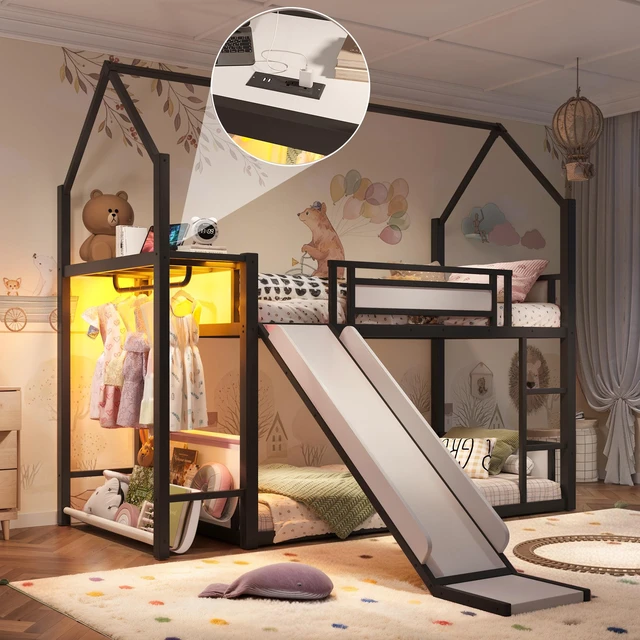 Main image of Twin Over Twin Metal Bunk Bed with Slide, LED Clothing Hanging Area Fabric Storage Shelf and Power Outlet Childlike