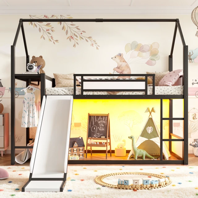 Alt view image 6 of 7 - Twin Over Twin Metal Bunk Bed with Slide, LED Clothing Hanging Area Fabric Storage Shelf and Power Outlet Childlike