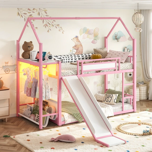 Alt view image 6 of 7 - Twin Over Twin Metal Bunk Bed with Slide, LED Clothing Hanging Area Fabric Storage Shelf and Power Outlet Childlike