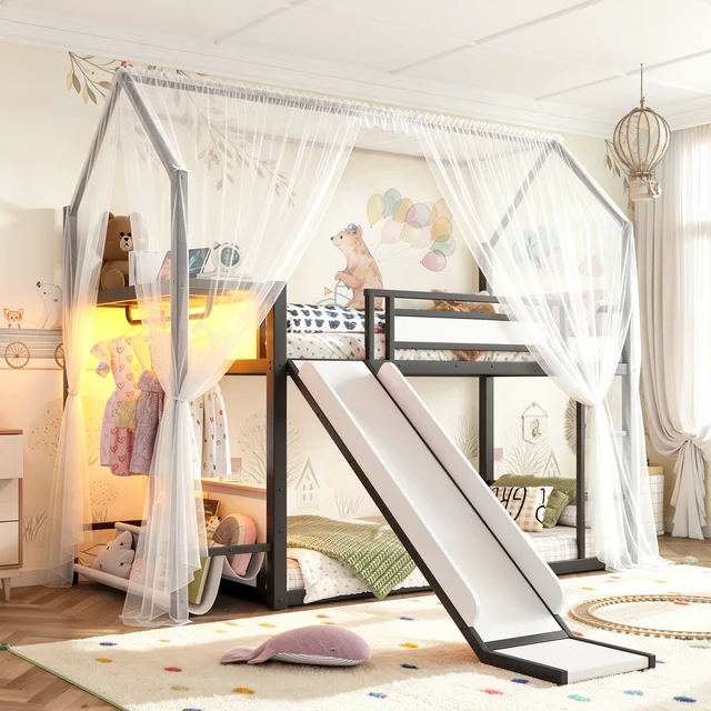 Alt view image 3 of 7 - Twin Over Twin Metal Bunk Bed with Slide, LED Clothing Hanging Area Fabric Storage Shelf and Power Outlet Childlike