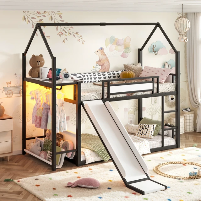 Alt view image 5 of 7 - Twin Over Twin Metal Bunk Bed with Slide, LED Clothing Hanging Area Fabric Storage Shelf and Power Outlet Childlike