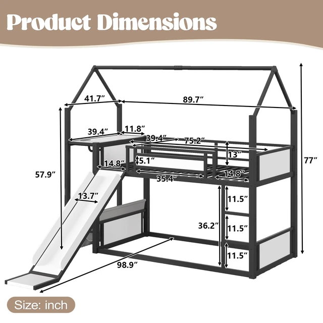 Alt view image 7 of 7 - Twin Over Twin Metal Bunk Bed with Slide, LED Clothing Hanging Area Fabric Storage Shelf and Power Outlet Childlike