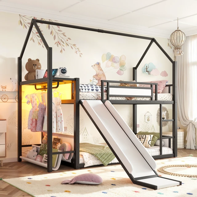 Alt view image 4 of 7 - Twin Over Twin Metal Bunk Bed with Slide, LED Clothing Hanging Area Fabric Storage Shelf and Power Outlet Childlike