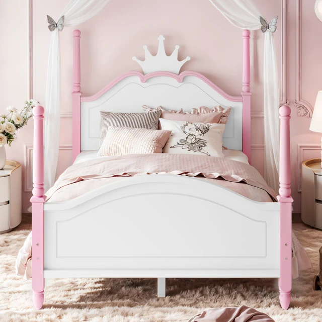 Alt view image 2 of 7 - Full Size Crown Shaped Platform Bed, Four Poster Wooden Bed Frame Curved Headboard Frame, Pink White, MDF, Pine