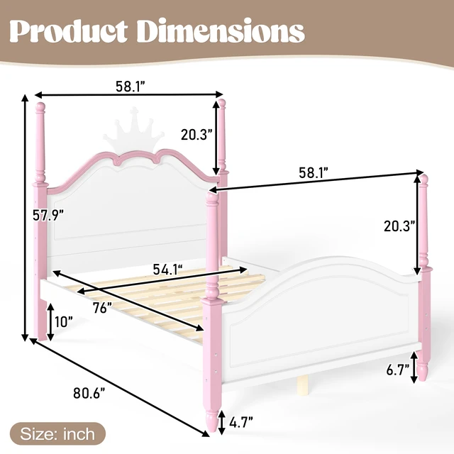 Alt view image 4 of 7 - Full Size Crown Shaped Platform Bed, Four Poster Wooden Bed Frame Curved Headboard Frame, Pink White, MDF, Pine