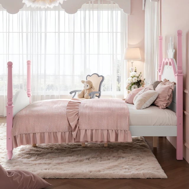 Alt view image 3 of 7 - Full Size Crown Shaped Platform Bed, Four Poster Wooden Bed Frame Curved Headboard Frame, Pink White, MDF, Pine