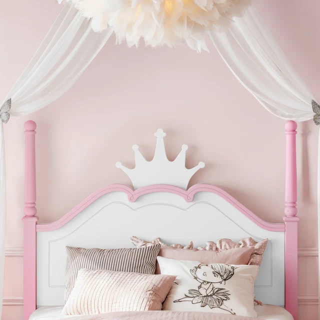 Alt view image 5 of 7 - Full Size Crown Shaped Platform Bed, Four Poster Wooden Bed Frame Curved Headboard Frame, Pink White, MDF, Pine