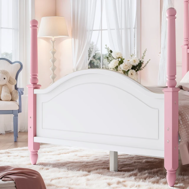 Alt view image 7 of 7 - Full Size Crown Shaped Platform Bed, Four Poster Wooden Bed Frame Curved Headboard Frame, Pink White, MDF, Pine