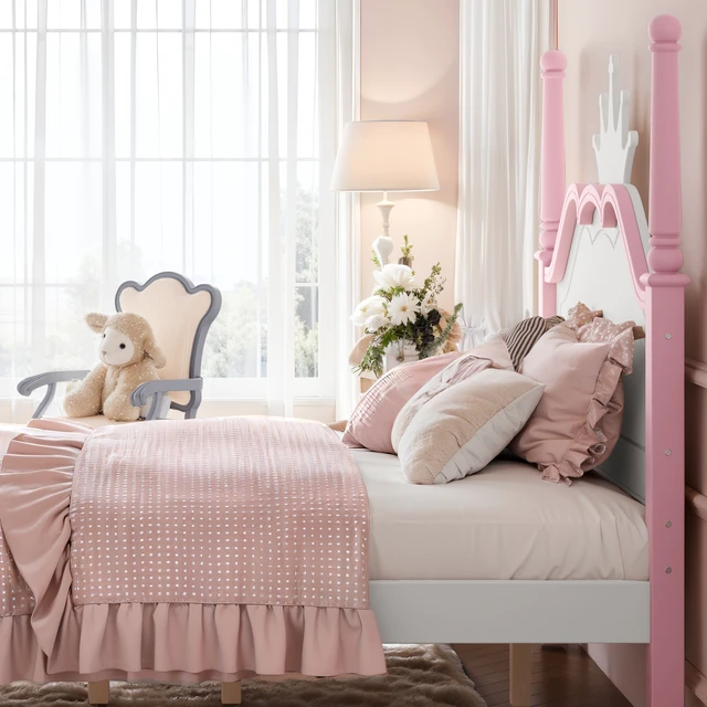 Alt view image 6 of 7 - Full Size Crown Shaped Platform Bed, Four Poster Wooden Bed Frame Curved Headboard Frame, Pink White, MDF, Pine