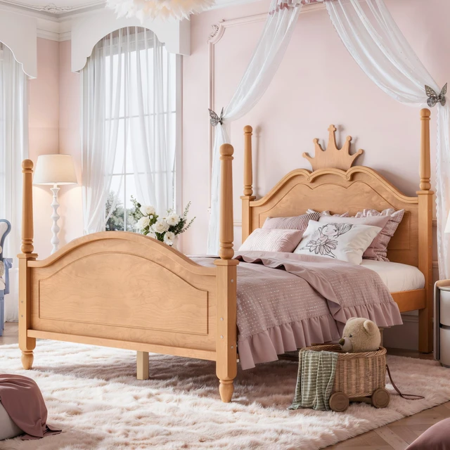 Main image of Full Size Crown Shaped Platform Bed, Four Poster Wooden Bed Frame Curved Headboard Frame, Natural, MDF, Pine