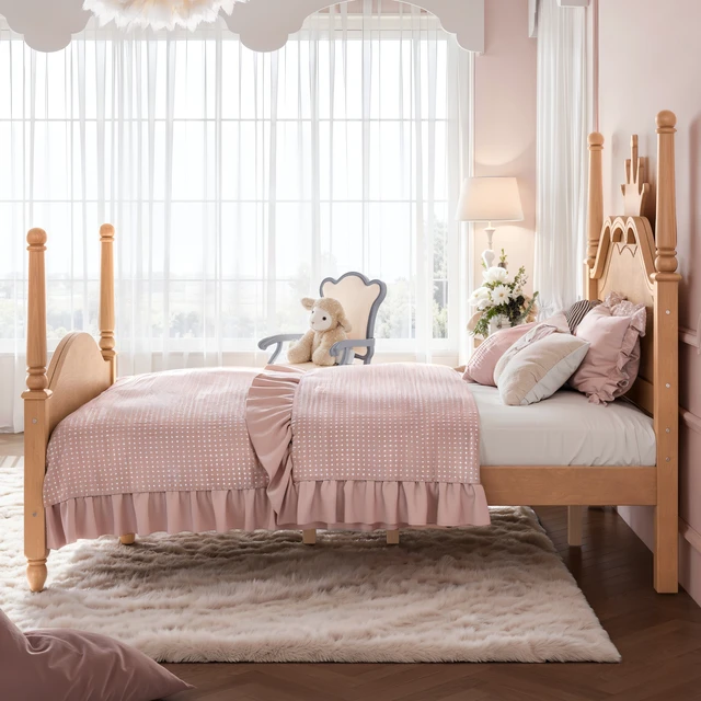 Alt view image 3 of 7 - Full Size Crown Shaped Platform Bed, Four Poster Wooden Bed Frame Curved Headboard Frame, Natural, MDF, Pine
