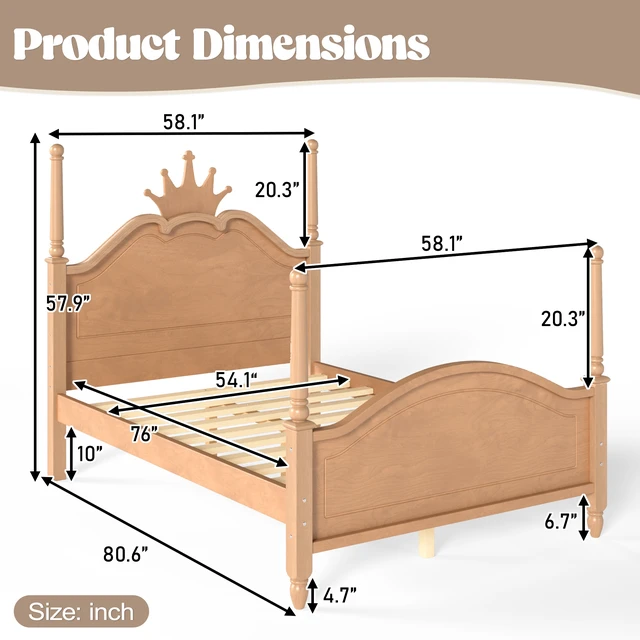 Alt view image 4 of 7 - Full Size Crown Shaped Platform Bed, Four Poster Wooden Bed Frame Curved Headboard Frame, Natural, MDF, Pine