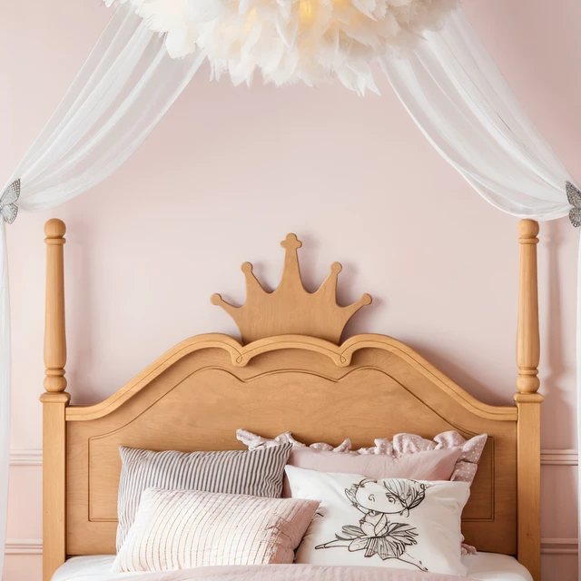Alt view image 5 of 7 - Full Size Crown Shaped Platform Bed, Four Poster Wooden Bed Frame Curved Headboard Frame, Natural, MDF, Pine