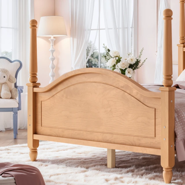 Alt view image 7 of 7 - Full Size Crown Shaped Platform Bed, Four Poster Wooden Bed Frame Curved Headboard Frame, Natural, MDF, Pine