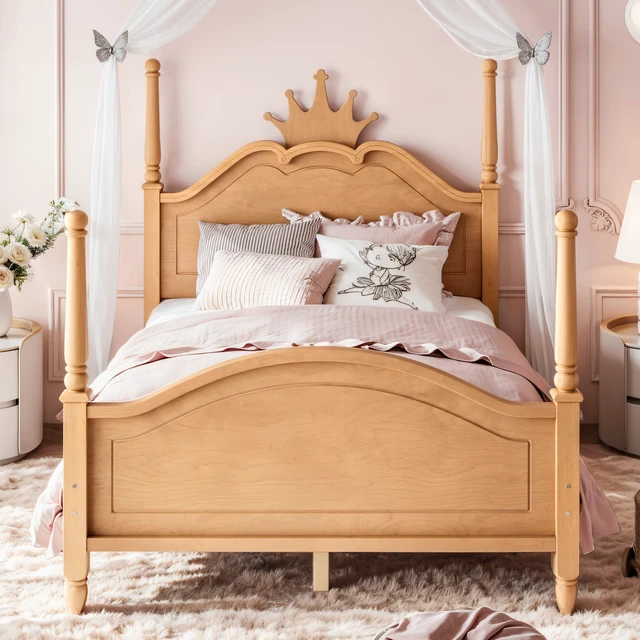 Alt view image 2 of 7 - Full Size Crown Shaped Platform Bed, Four Poster Wooden Bed Frame Curved Headboard Frame, Natural, MDF, Pine