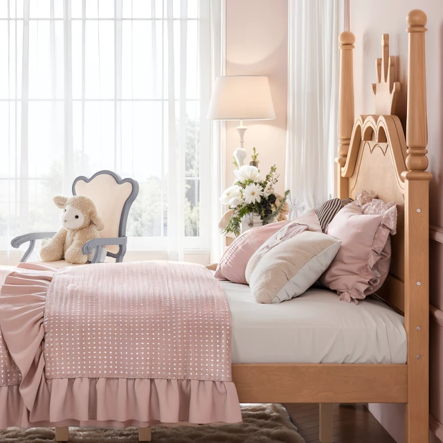 Alt view image 6 of 7 - Full Size Crown Shaped Platform Bed, Four Poster Wooden Bed Frame Curved Headboard Frame, Natural, MDF, Pine
