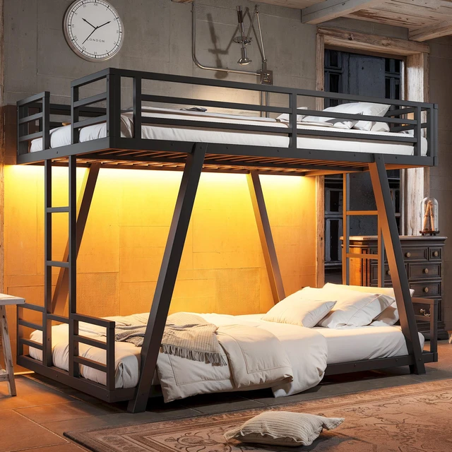 Main image of Twin Over Twin Bunk Bed with Side Ladders, Metal Bunk Bed with Spdcial Support Leg Design and LED Low Profile Black