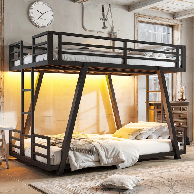 Alt view image 2 of 7 - Twin Over Twin Bunk Bed with Side Ladders, Metal Bunk Bed with Spdcial Support Leg Design and LED Low Profile Black