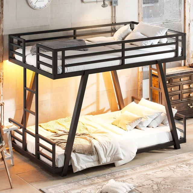 Alt view image 4 of 7 - Twin Over Twin Bunk Bed with Side Ladders, Metal Bunk Bed with Spdcial Support Leg Design and LED Low Profile Black