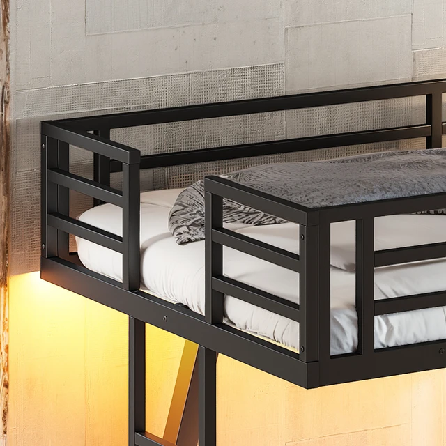 Alt view image 7 of 7 - Twin Over Twin Bunk Bed with Side Ladders, Metal Bunk Bed with Spdcial Support Leg Design and LED Low Profile Black