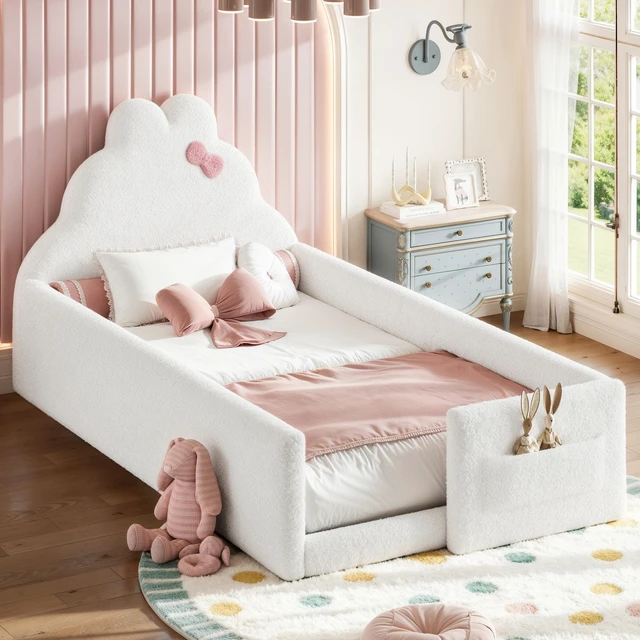 Alt view image 2 of 7 - Twin Size Upholstered Floor Bed, Low 001e Ground Floor Bed Soft Padded Upholstered Kids Safe Children Frame