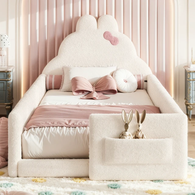 Alt view image 2 of 7 - Twin Size Upholstered Floor Bed, Low 001e Ground Floor Bed Soft Padded Upholstered Kids Safe Children Frame
