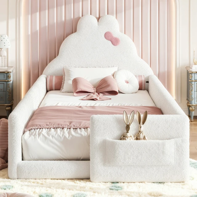 Alt view image 3 of 7 - Twin Size Upholstered Floor Bed, Low 001e Ground Floor Bed Soft Padded Upholstered Kids Safe Children Frame