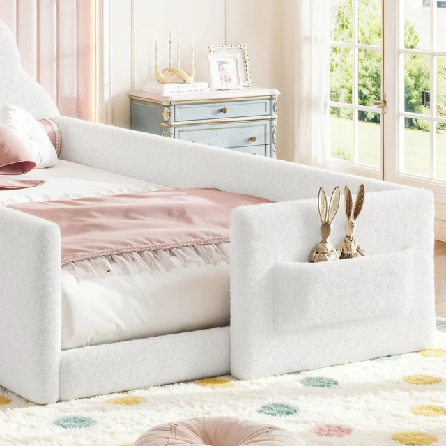 Alt view image 6 of 7 - Twin Size Upholstered Floor Bed, Low 001e Ground Floor Bed Soft Padded Upholstered Kids Safe Children Frame