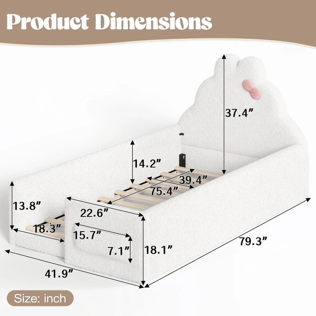 Alt view image 4 of 7 - Twin Size Upholstered Floor Bed, Low 001e Ground Floor Bed Soft Padded Upholstered Kids Safe Children Frame