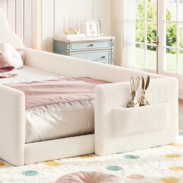 Alt view image 6 of 7 - Twin Size Upholstered Floor Bed, Low 001e Ground Floor Bed Soft Padded Upholstered Kids Safe Children Frame