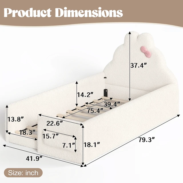 Alt view image 4 of 7 - Twin Size Upholstered Floor Bed, Low 001e Ground Floor Bed Soft Padded Upholstered Kids Safe Children Frame