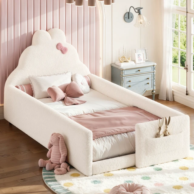 Alt view image 3 of 7 - Twin Size Upholstered Floor Bed, Low 001e Ground Floor Bed Soft Padded Upholstered Kids Safe Children Frame